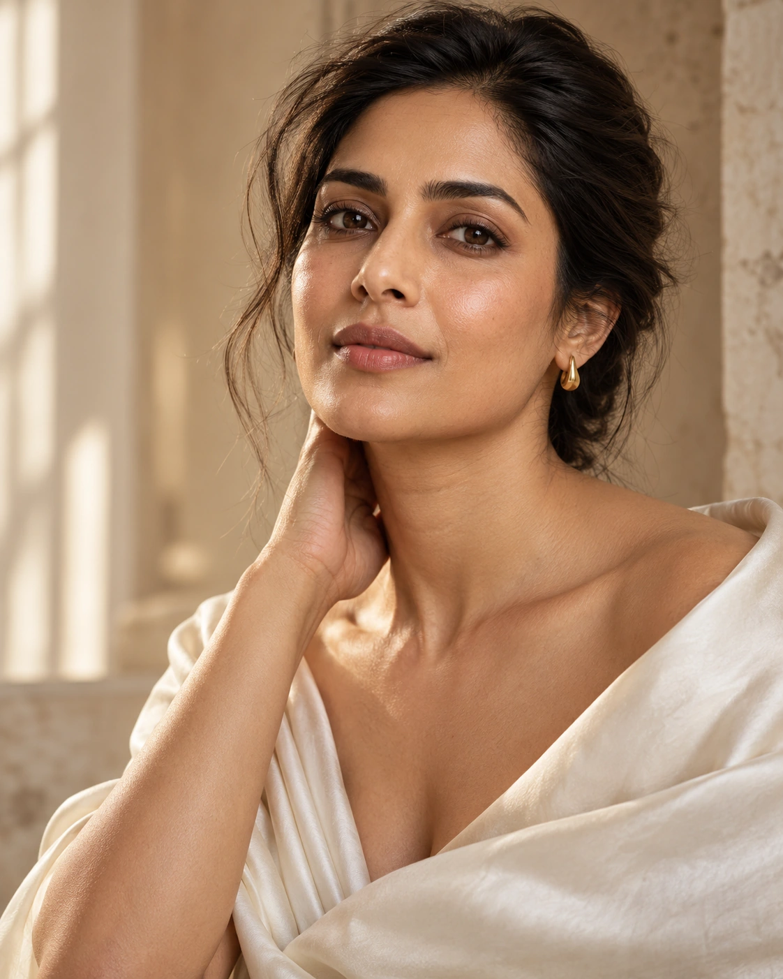 Fictional Indian editorial model in ivory silk, with natural skin texture.