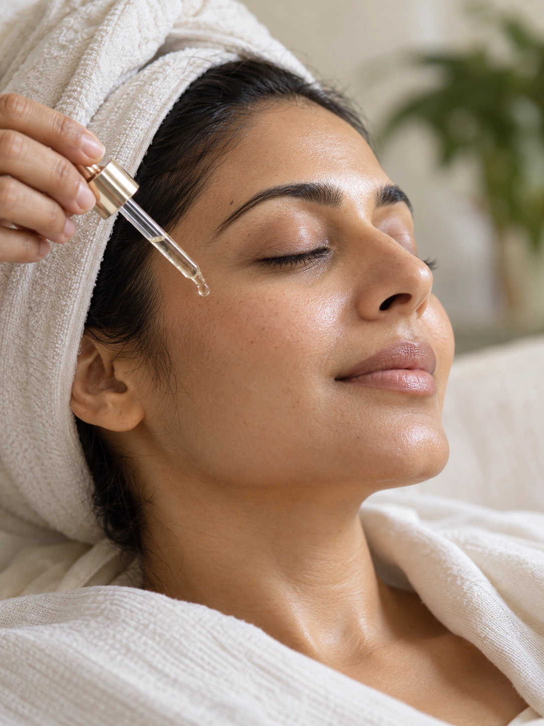 AI campaign image of an Indian model receiving a gentle skincare ritual. Not an actual patient.