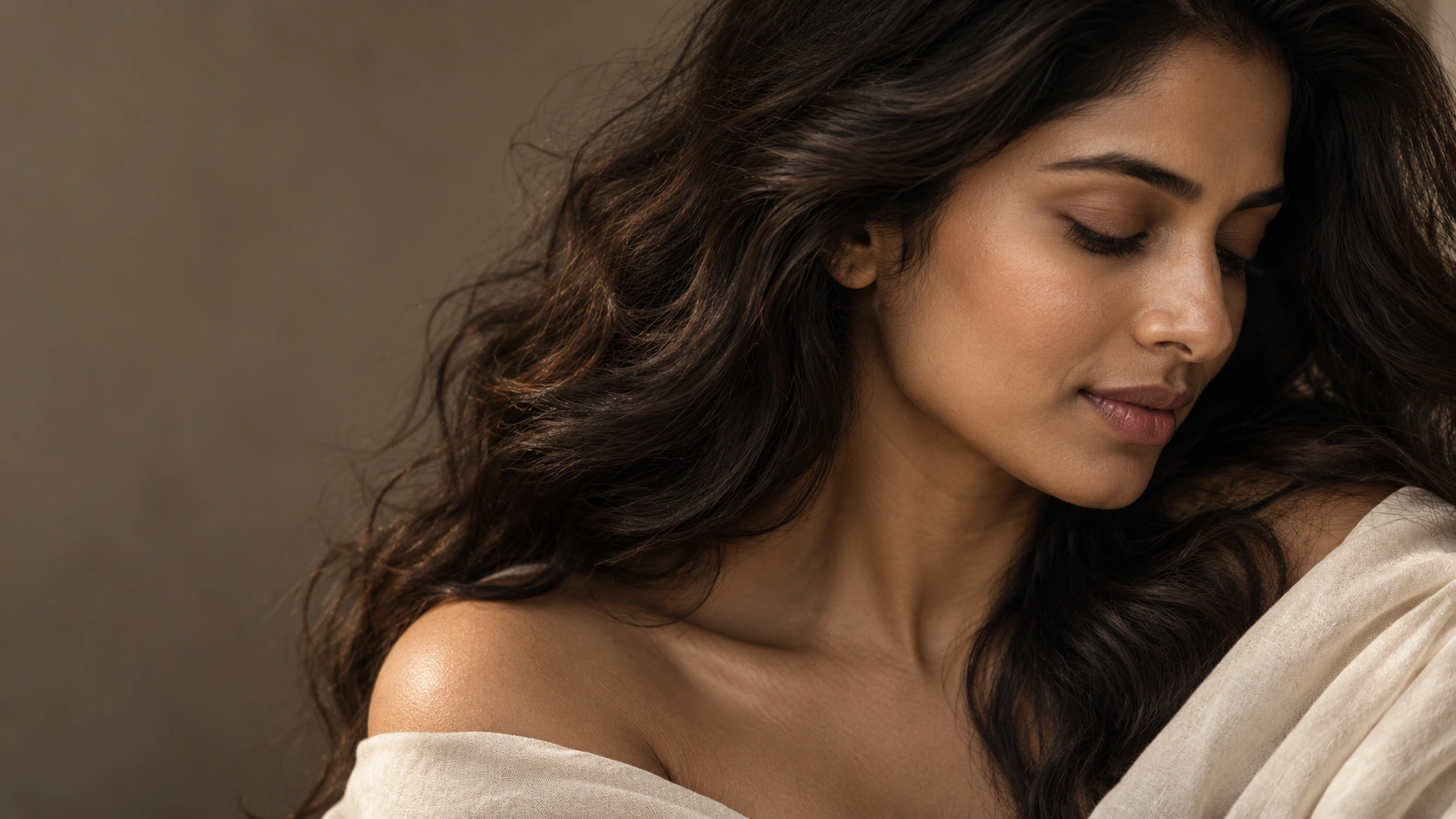 Fictional Indian campaign model in a calm, natural beauty editorial.